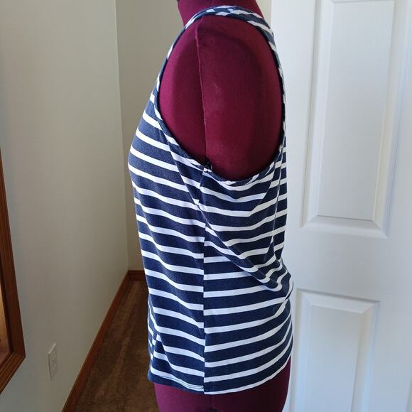 Nautica Navy Stripe Racerback Tank Top Large cotton blend rayon summer - Picture 3 of 11